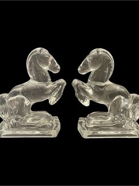 1940’s Fostoria Glass Rearing Horse Bookends, Clear Glass